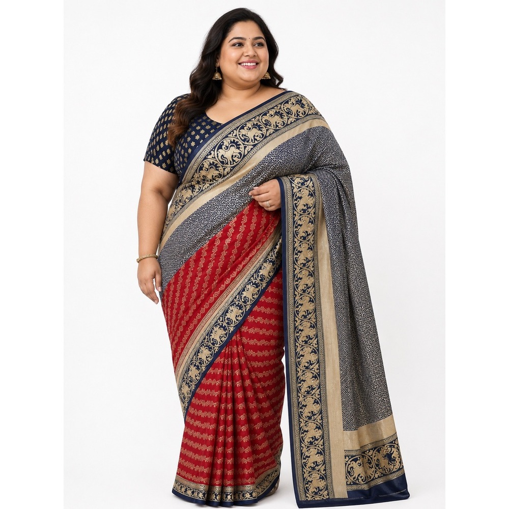 Banarasi Silk Saree Navy Blue Red Gold Zari Peacock Border with Blouse Plus Size